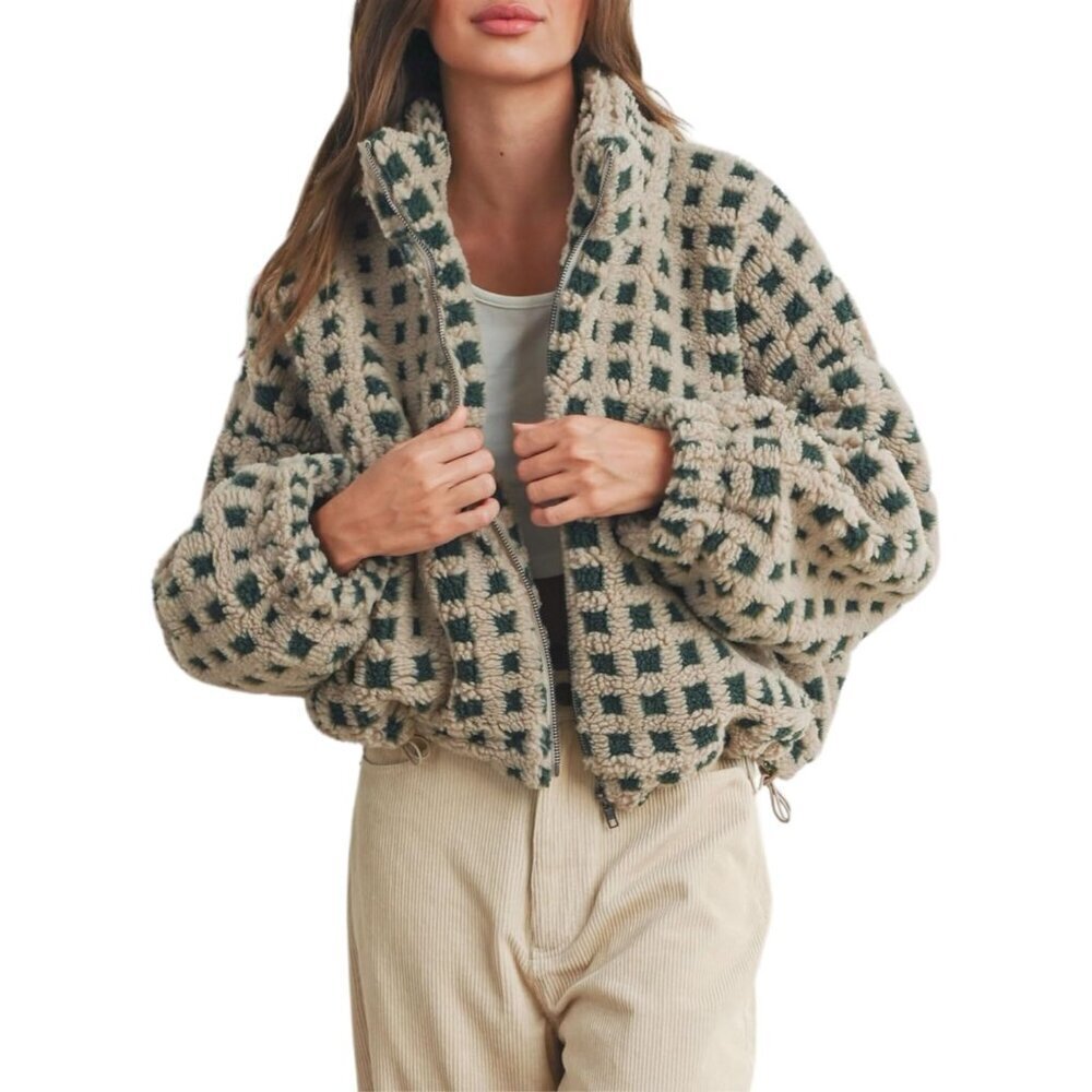 Women  green Cropped Sherpa Fleece Plaid Jacket Chunky Outerwear